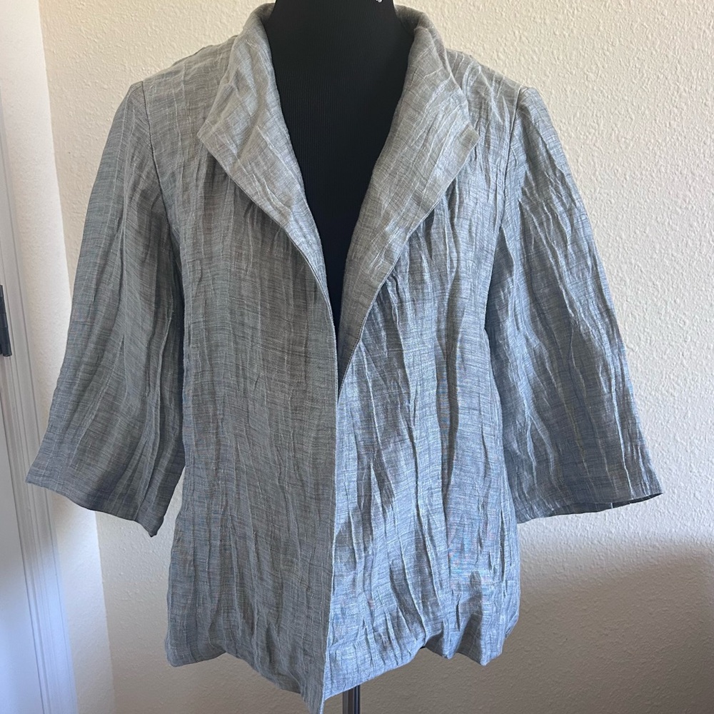 Eileen Fisher Jacket L Large Petite Linen Blend Silver Gray Metallic Open Front